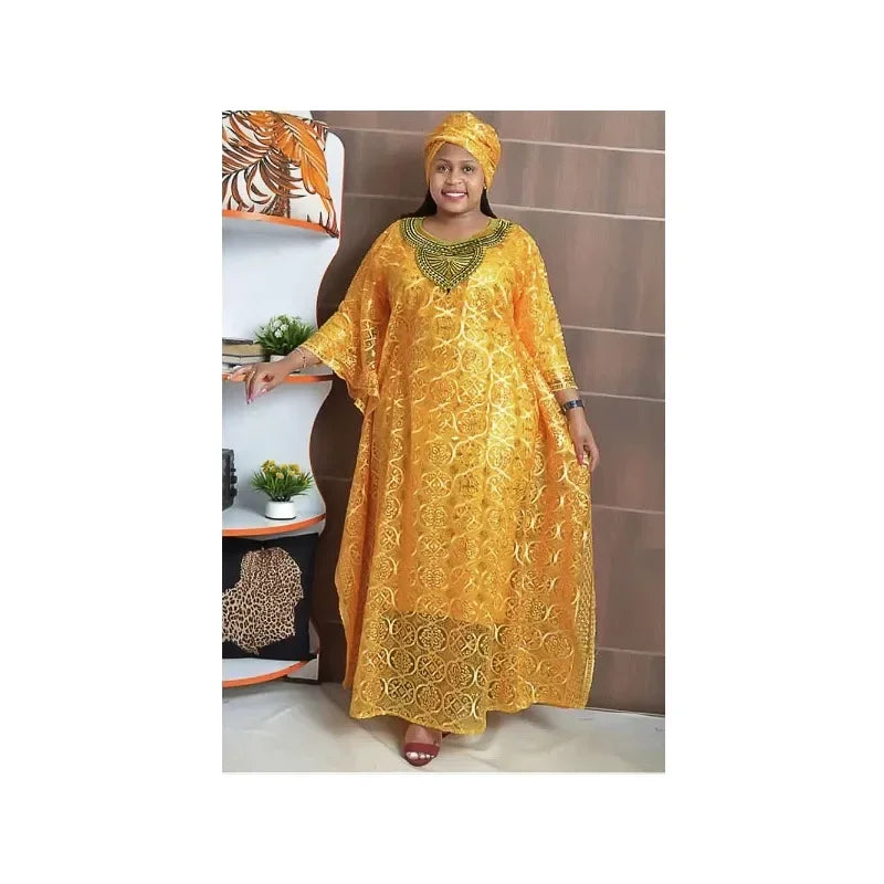 Dashiki Maxy Dresses for Women Spring Summer African Women Blue Yellow O-neck Long Dress Inner and Headtie African Clothes