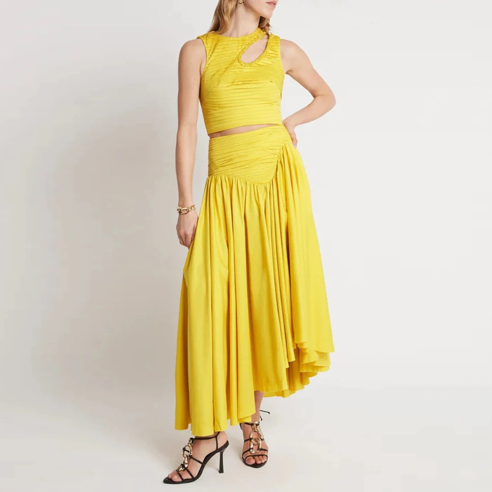Maxy Slim Two Piece Sets For Women Round Neck Sleeveless Hollow Out Pleat Crop Tops Irregular Hem Pleated Skirt Solid Set Female