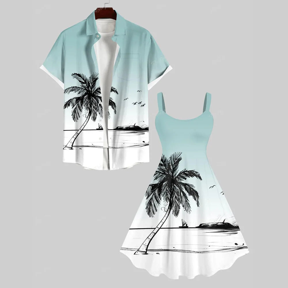 Maxy Hawaiian Casual Vacation Prints Couple Clothes Suits Women Dress Matching Men Shirt 3D Graphic Spring Summer Outfits For Couples