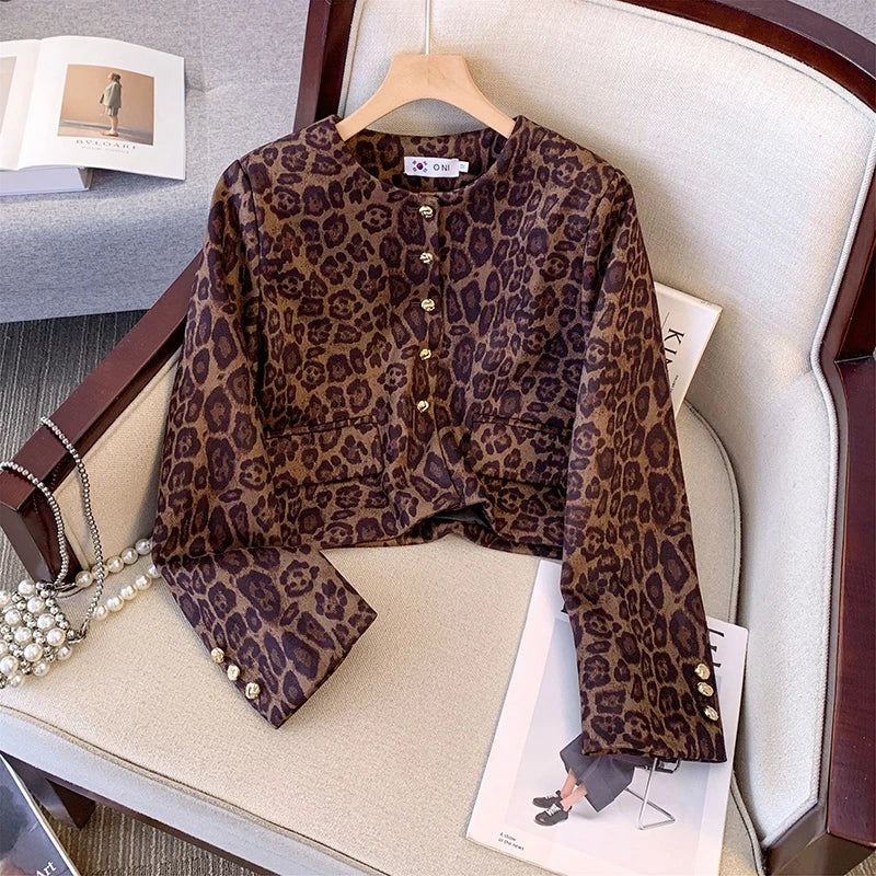 Maxy Fashion Korea Elegant Leopard Small Fragrance Short Jacket Cropped Coats + High Waist Mini Skirts Suits Slim Women Two Piece Set