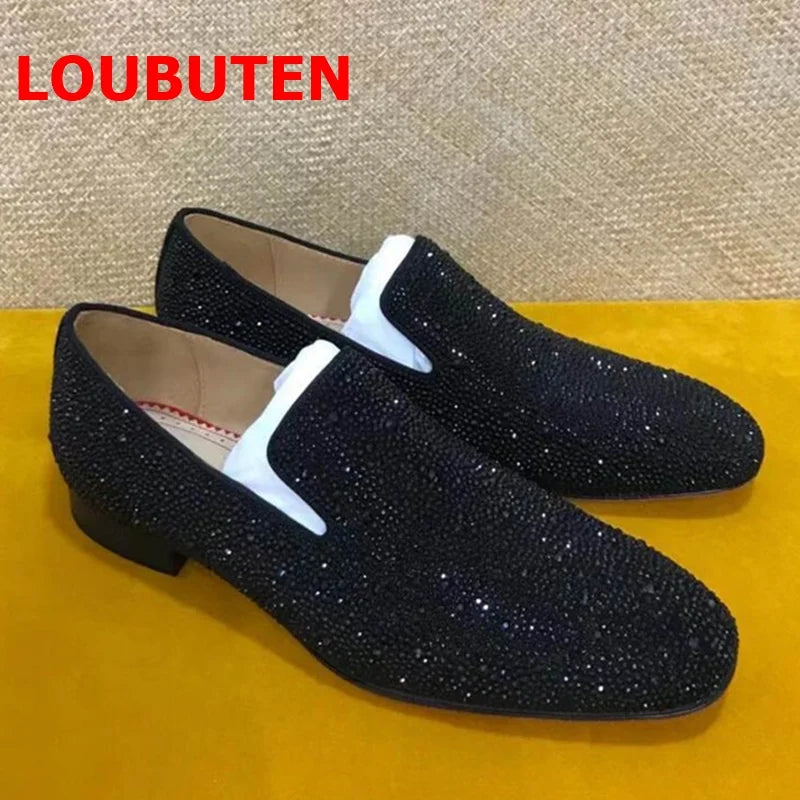 Visco LOUBUTEN Luxury Brand Black Rhinestone Loafers Suede Leather Shoes Men Wedding Shoes Flats Casual Gentlemen Dress Shoes