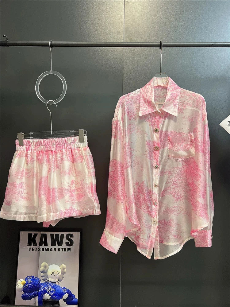 Maxy Spring Summer Thin Elastic Waist Shorts Suit Fashion Loose Lazy Two Piece Set Loose Shirts Print Casual Women Outfits