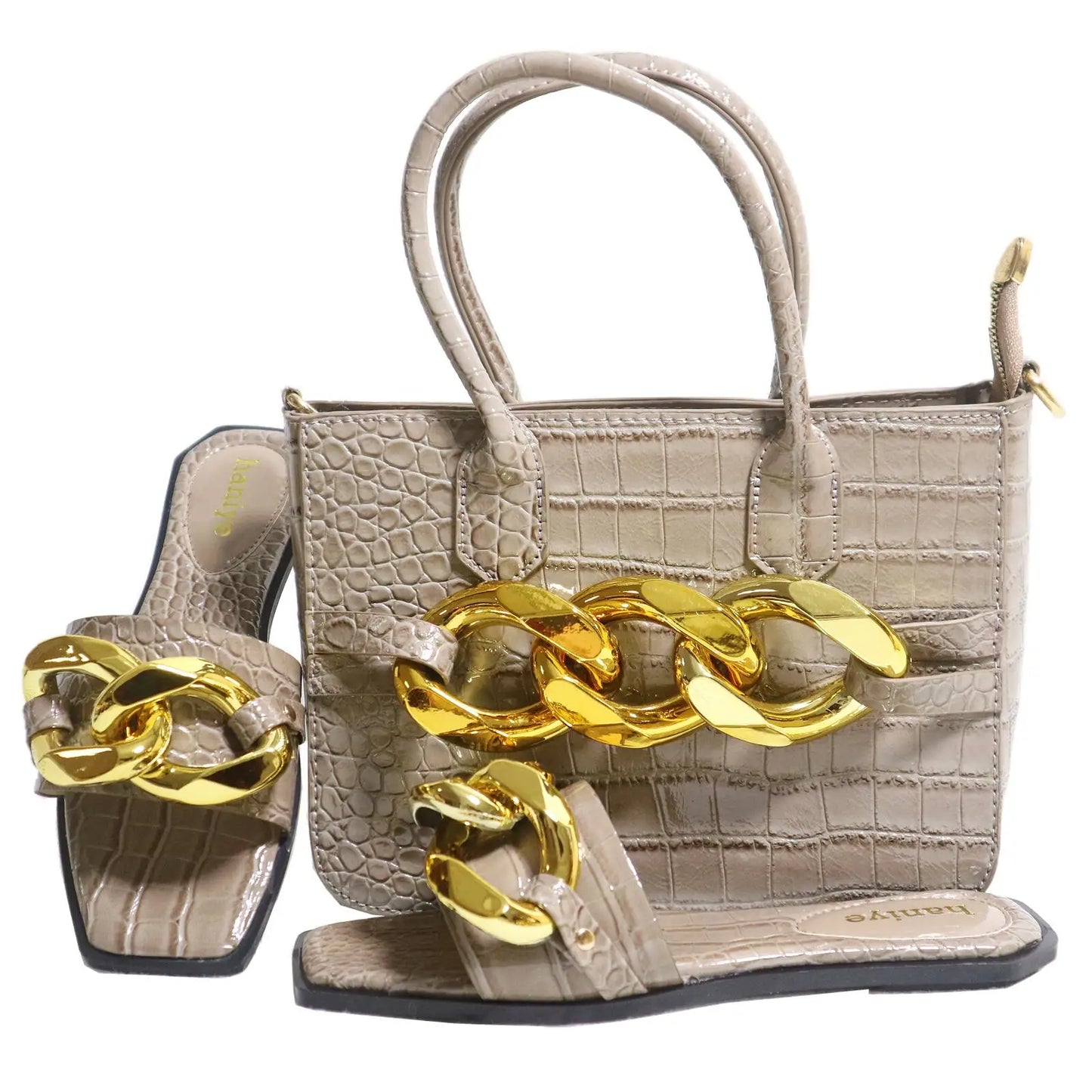 Maxy Big Metal Chain Decoration PU Handbags Matching Square Toe Flats Slippers Stone Pattern Shoes And Bag Set