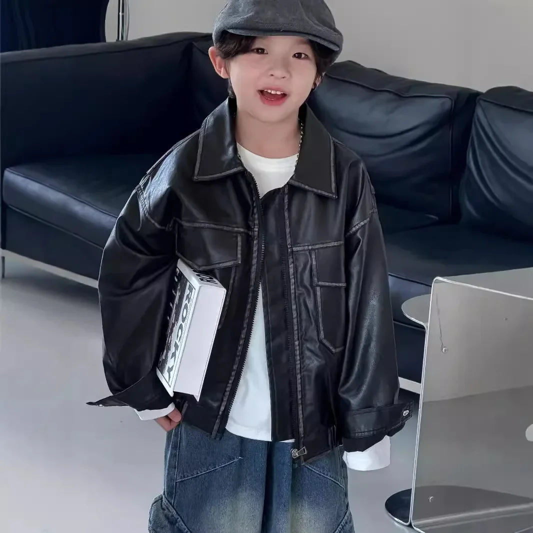 Babs Autumn New Styles for Boys Korean Children Clothes Retro Wash Black Color PU Leather Jacket Toddler Girl Winter Clothes