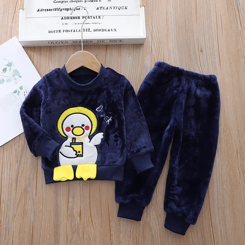 Babs Boy Clothing Set Autumn and Winter Velvet Thick Warm Casual Hooded Sweater Cartoon Cute Bear 3Pcs Toddler Girl Clothes Suit