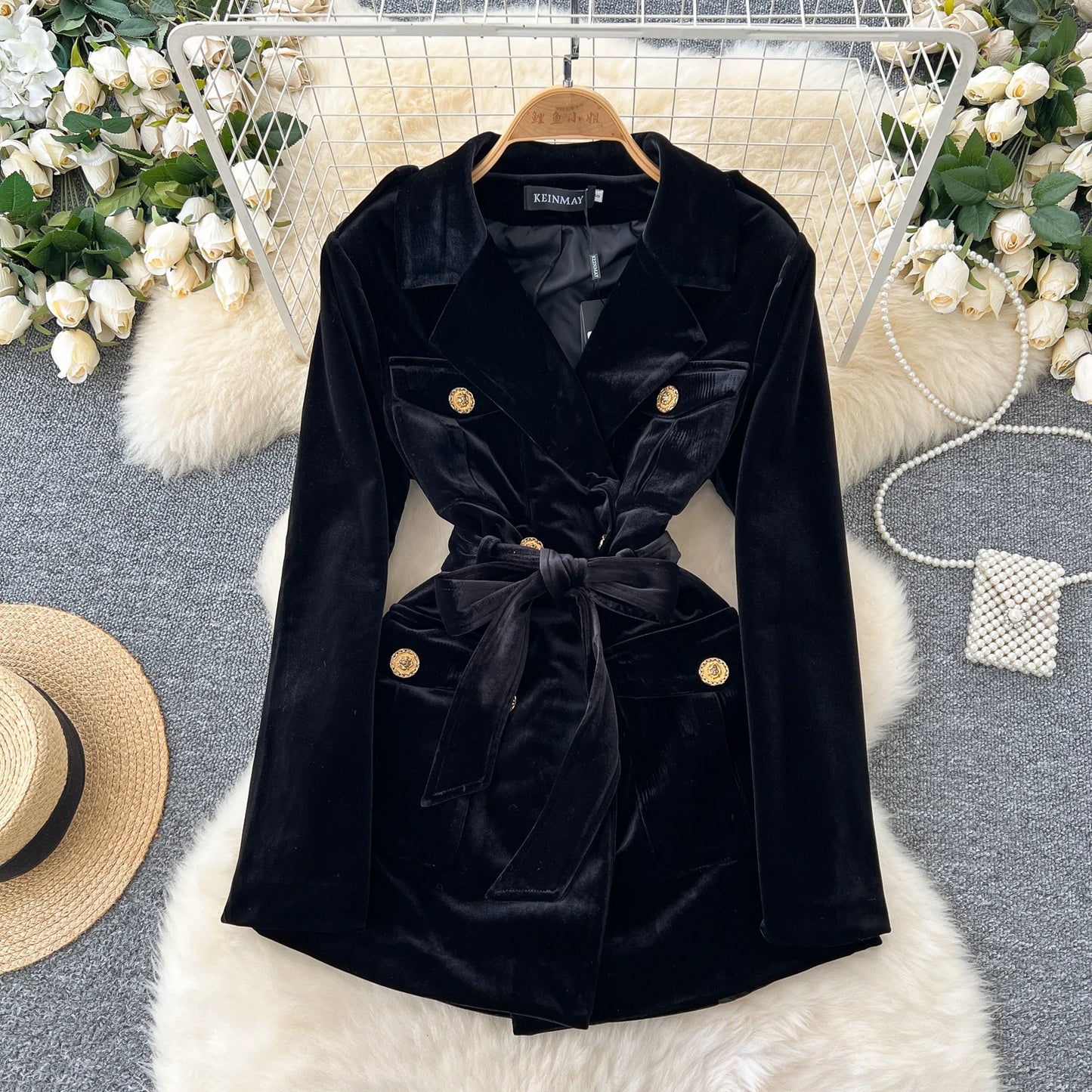 Amay Elegant Turn-down Collar Vintage Long Sleeve Chic Metal Buckle Slim Bandage Coat Korean Fashion Office High Street Winter Top