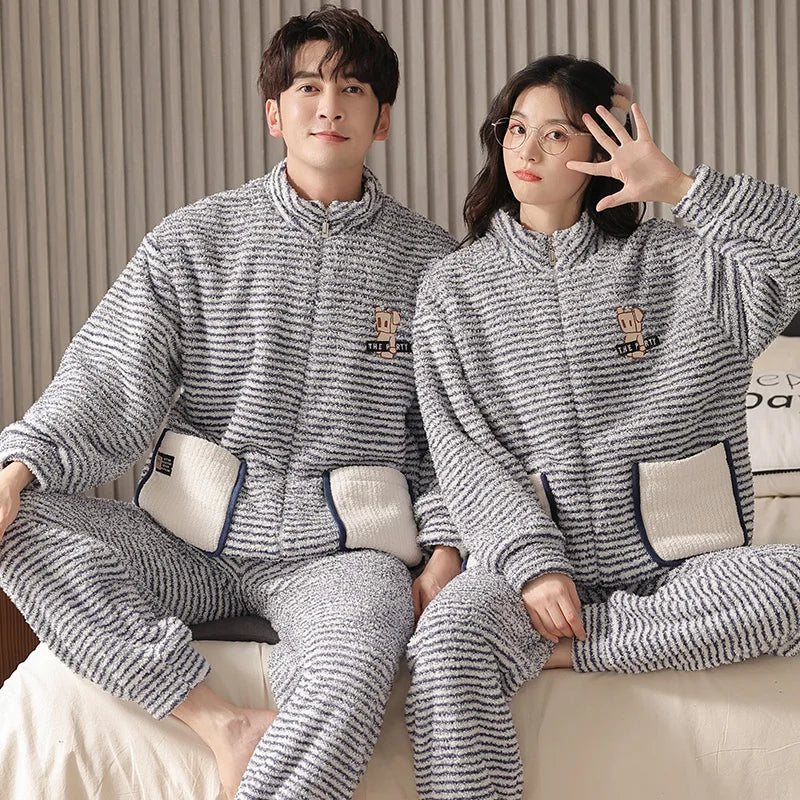 Maxy Newest Couple Pajamas Set Flannel Sleepwear Women Men Warm Fleece Pijama Winter Lovers Kimono Home Clothes