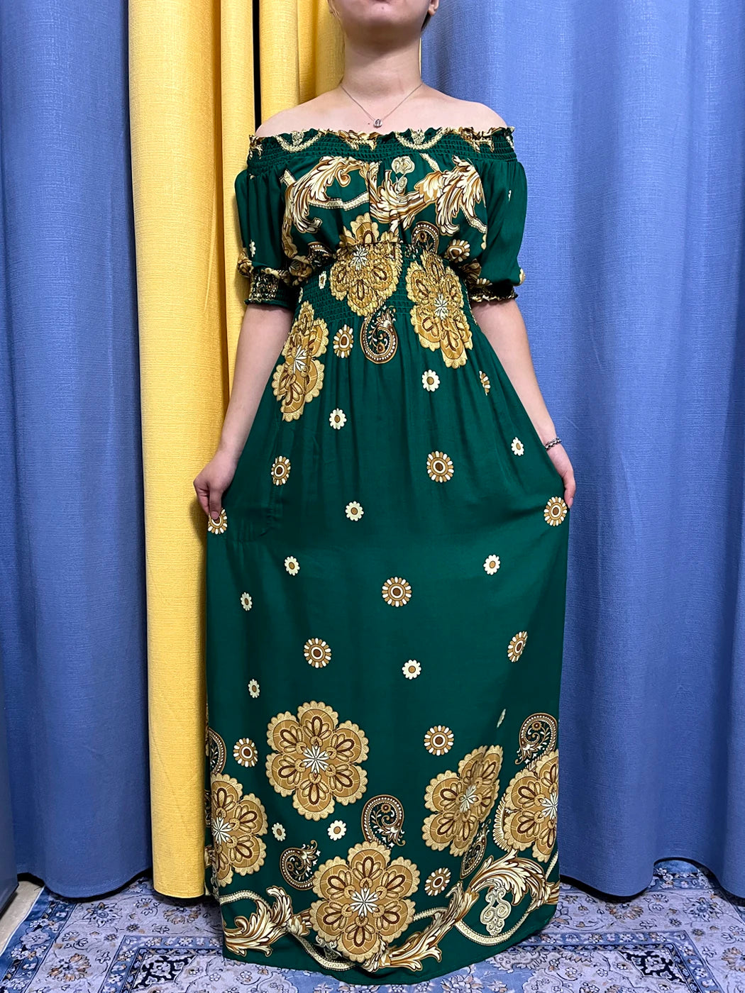 Maxy Muslim Abayas For Women Fashion Floral Elasticity Boat Neck Loose Fit Femme Robe African Party Evening Dresses With Turban