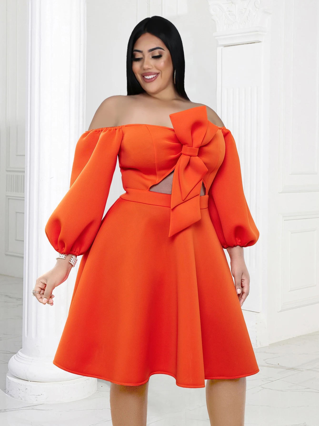 Gracy Ball Gowns Dress for Women Plus Size Orange Off Shoulder Cut Out A-Line Summer Wedding Guest Evening Party Outfits 4XL