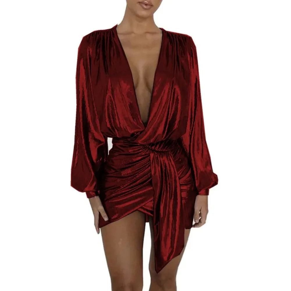 Maxy Plus Size Elegant Deep V-neck Long Sleeve Shiny Metallic Dress Women Evening Irregular Bodycon Mini Dress Vintage Ball Gowns