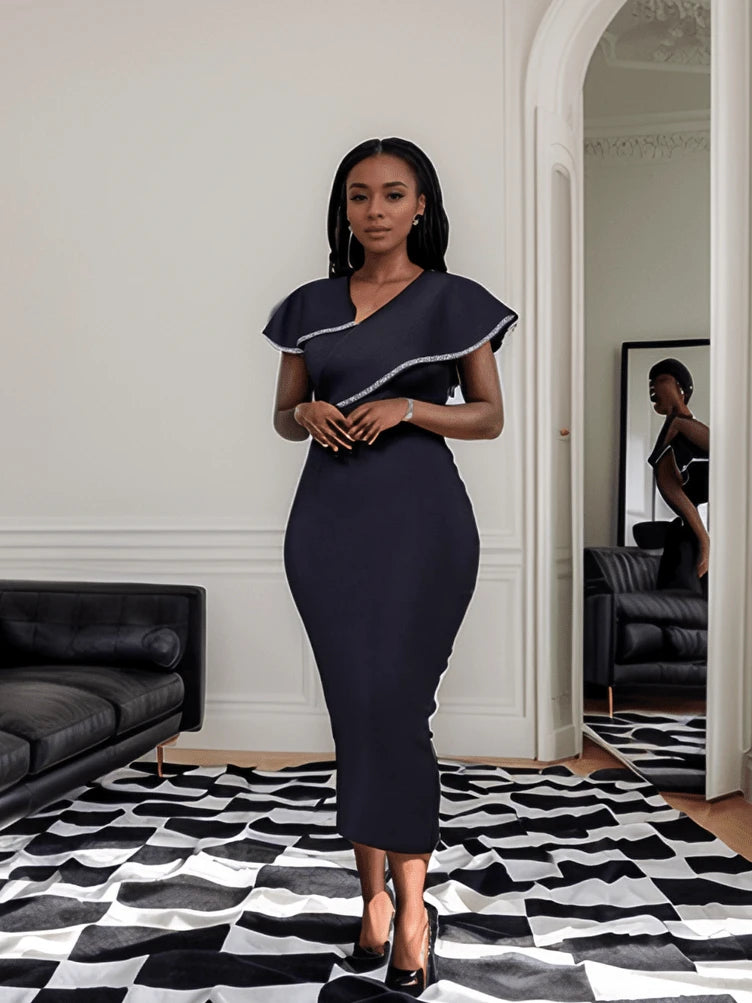 Summer New African Short Sleeved Solid Color Splicing V-neck Midi Dress Office Commuter OL Work Clothes Slim Fit Daily Clothing