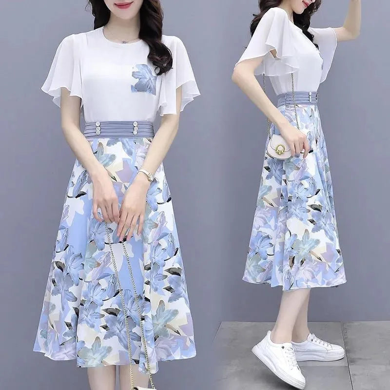 Maxy Women's Suits Summer New Fashion Casual Slim Temperament Floral T-shirts Skirts Female Two Piece Sets SJ431