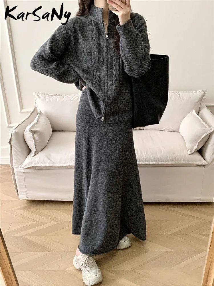 Maxy Sets For Women 2 Pieces Skirt Sweater Knitted Zipper Cardigan Stand Collar Solid Autumn Warm Winter Skirt Elegant Women's Sets