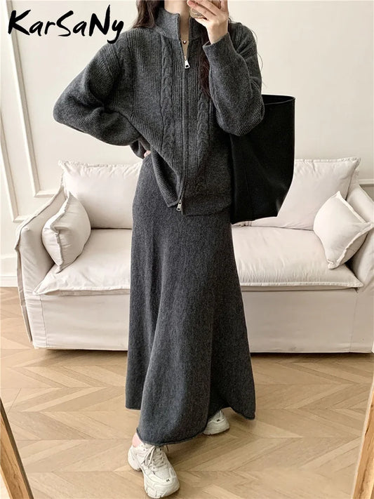 Maxy Sets For Women 2 Pieces Skirt Sweater Knitted Zipper Cardigan Stand Collar Solid Autumn Warm Winter Skirt Elegant Women's Sets