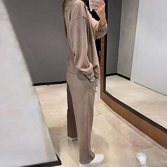 Maxy Elastic Waist Tracksuit Women Casual Two-piece Set Women's V Neck Knitted Shirt Wide Leg Trousers Set Long Sleeves for Casual