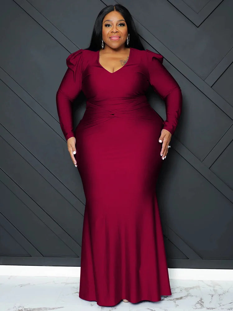 Wmstar Plus Size Party Dresses Women V Neck Long Sleeve Full Length Bodycon Elegant Evening Maxi Dress Wholesale Dropshipping