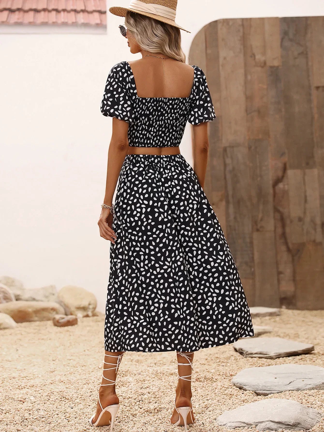 Maxy Woman Clothes Summer Printed Two Piece Sets Women Outifit Party Fashion V-neck Short Sleeve Tops and Long Slit Skirt Sets