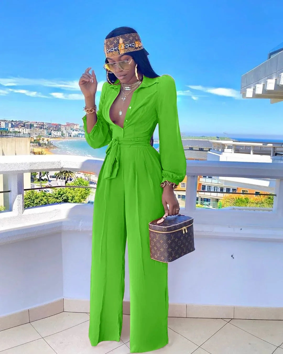 Maxy Summer African Clothes for Women Long Sleeve V-neck Blue Black Orange Party Evening Jumpsuit Dashiki Clothing