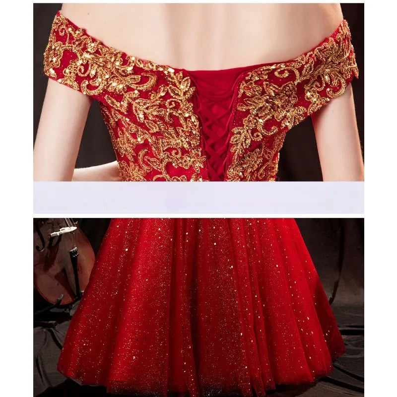 Maxy New Sparkling Gilded Red Glitter One Shoulder Bridal Wedding Toast Evening Dress Fashion Stage Performance Big Pendant Dress