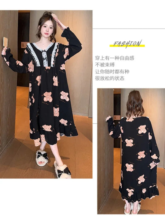 Maxy 150Kg Large Size Sweet Nightgown with Chest Pads Women Autumn Spring Long-sleeved Pajamas Loose Fattened Loungewear Sleep Dress