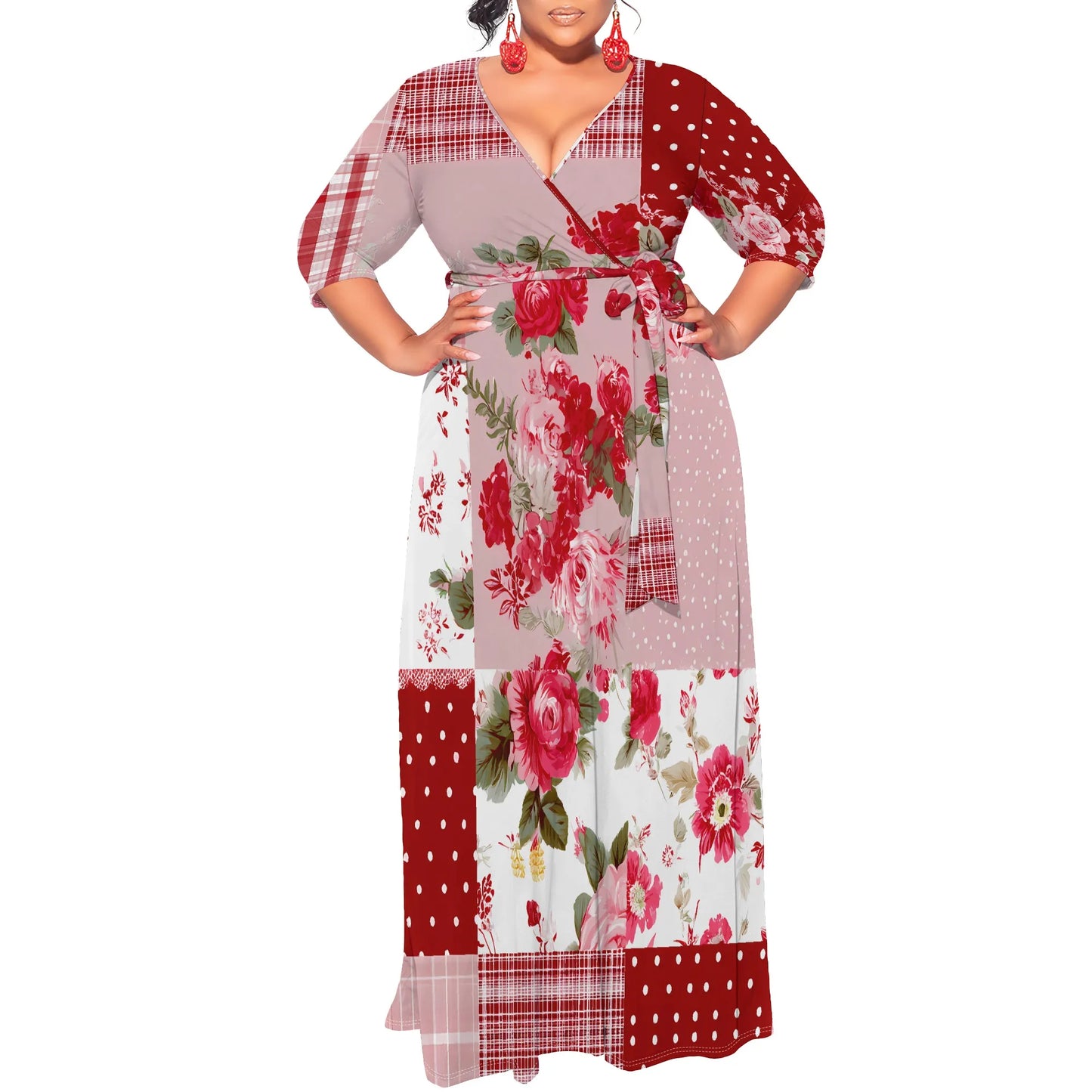 Maxy Plus Size Long Sleeve Floral Patchwork Maxy Dress V-Neck Elegant Artistic Design
