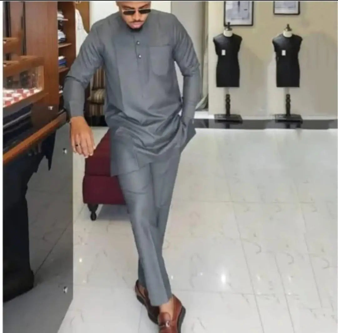 Amay New Kaunda Men's Set Fashionable and Elegant Men's Wedding Set Round Neck Long Sleeve Embroidered Men's Full Set Suit