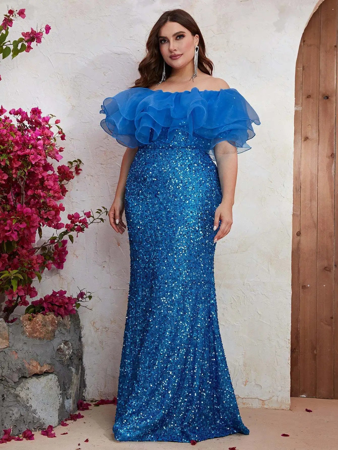 Maxy Plus Size Women Party Dresses New Fashion Strapless Mesh Splicing Elegant Sequin Wedding Dresses Large Female Evening Long Dress