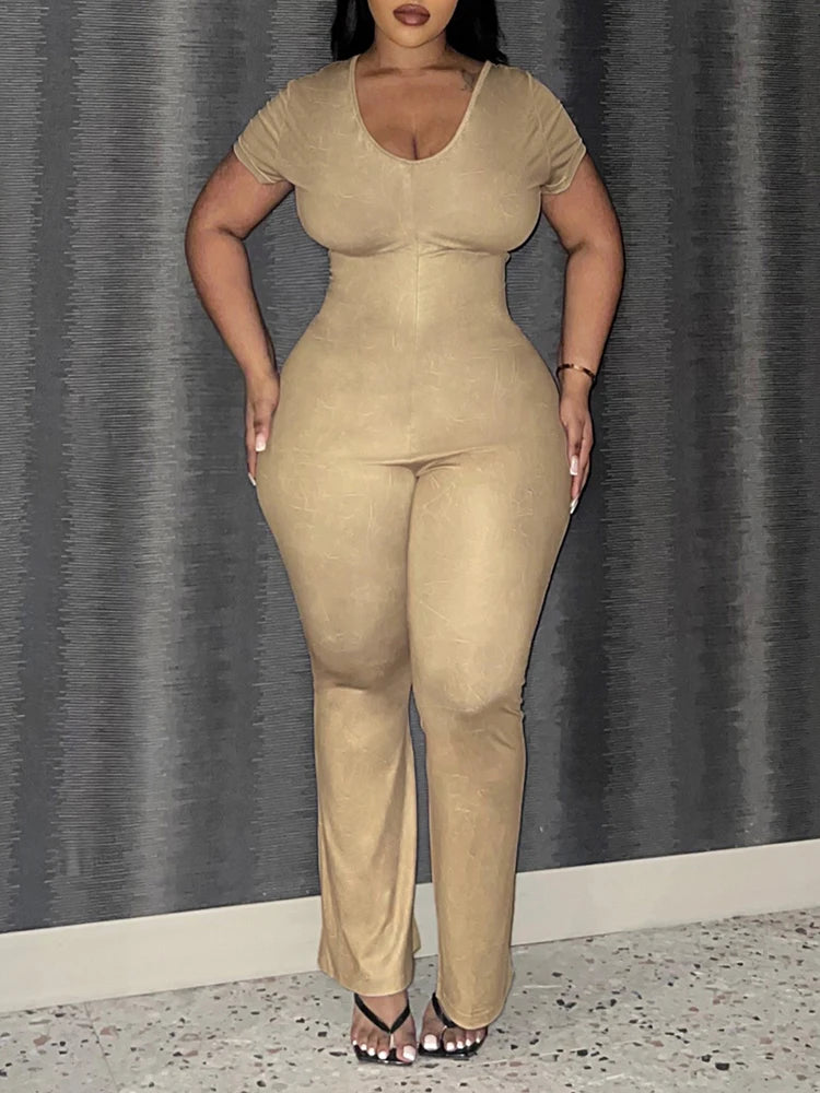 Amay Plus Size Flared Jumpsuits for Women Autumn Casual Short Sleeve V Neck Zipper Skinny Trousers Large Size Full Jumpsuit Woman