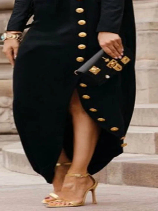 Maxy Beauty blue Women Plus Size L-5XL Black Dress Casual Asymmetric Buttoned High Neck Split-Side Curve Llothing Female Maxy Dresses