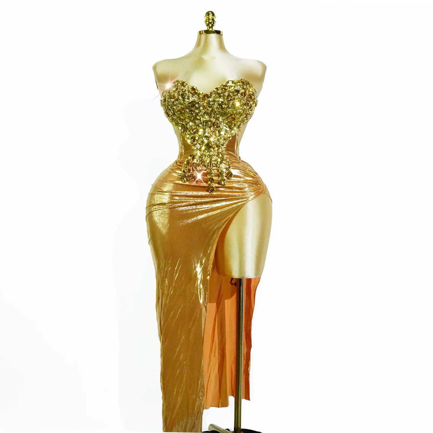Sparkling Red Rhinestone High Slit 2PCS Long Dress Sequin Christmas Birthday Party Wedding Gown Nightclub Stage Wear Performance