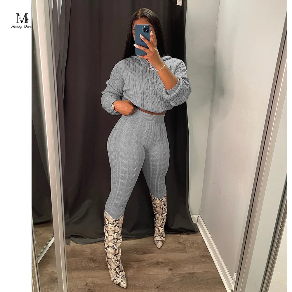 Maxy Fall Winter Women Knit Sweater Matching Sets Skinny Hoodies and Pants Clothing Casual Loungewear 2 Two Piece Outfits