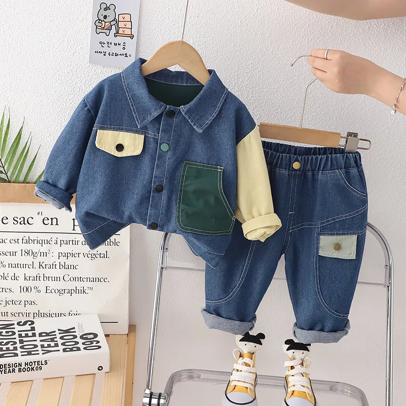 Maxy autumn new 0-5 years boy color matching long-sleeved suit in the children's denim jacket casual pants children two-piece set