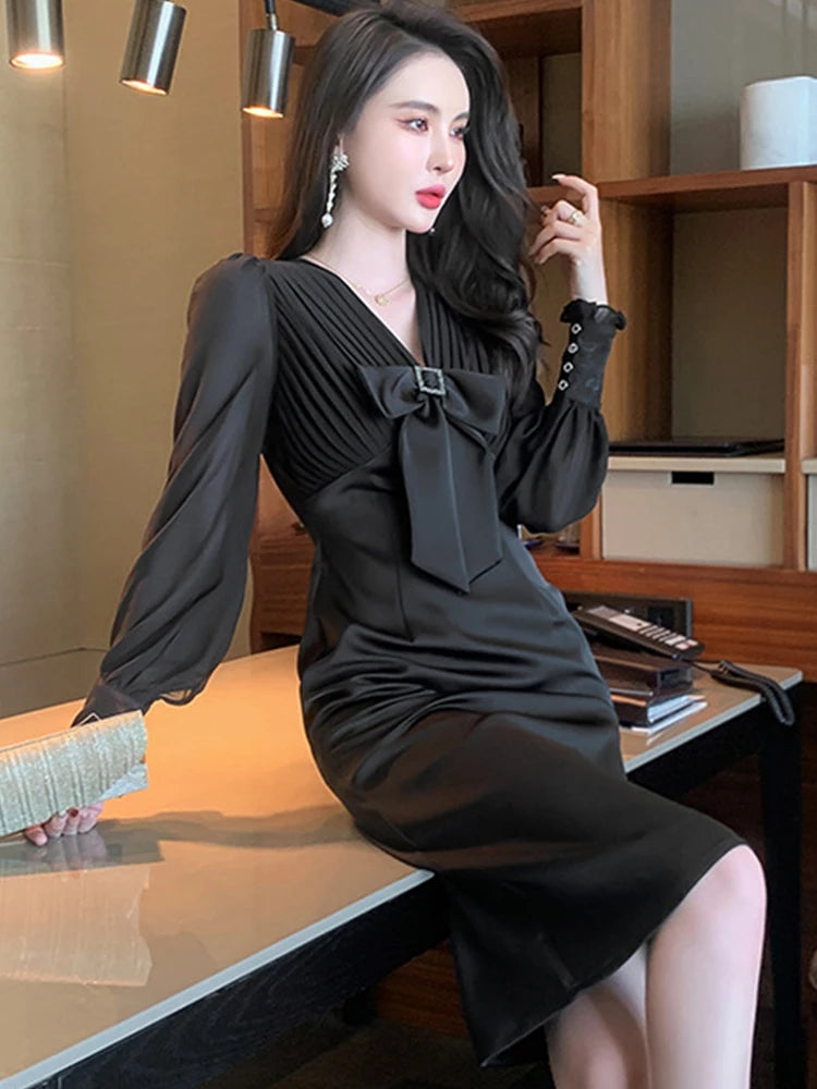 Gaxy Elegant Celebrity Woman Dress Chiffon Spliced V-neck Bow Puff Sleeve Slim Black Robe Femme Midi Gown Office Party