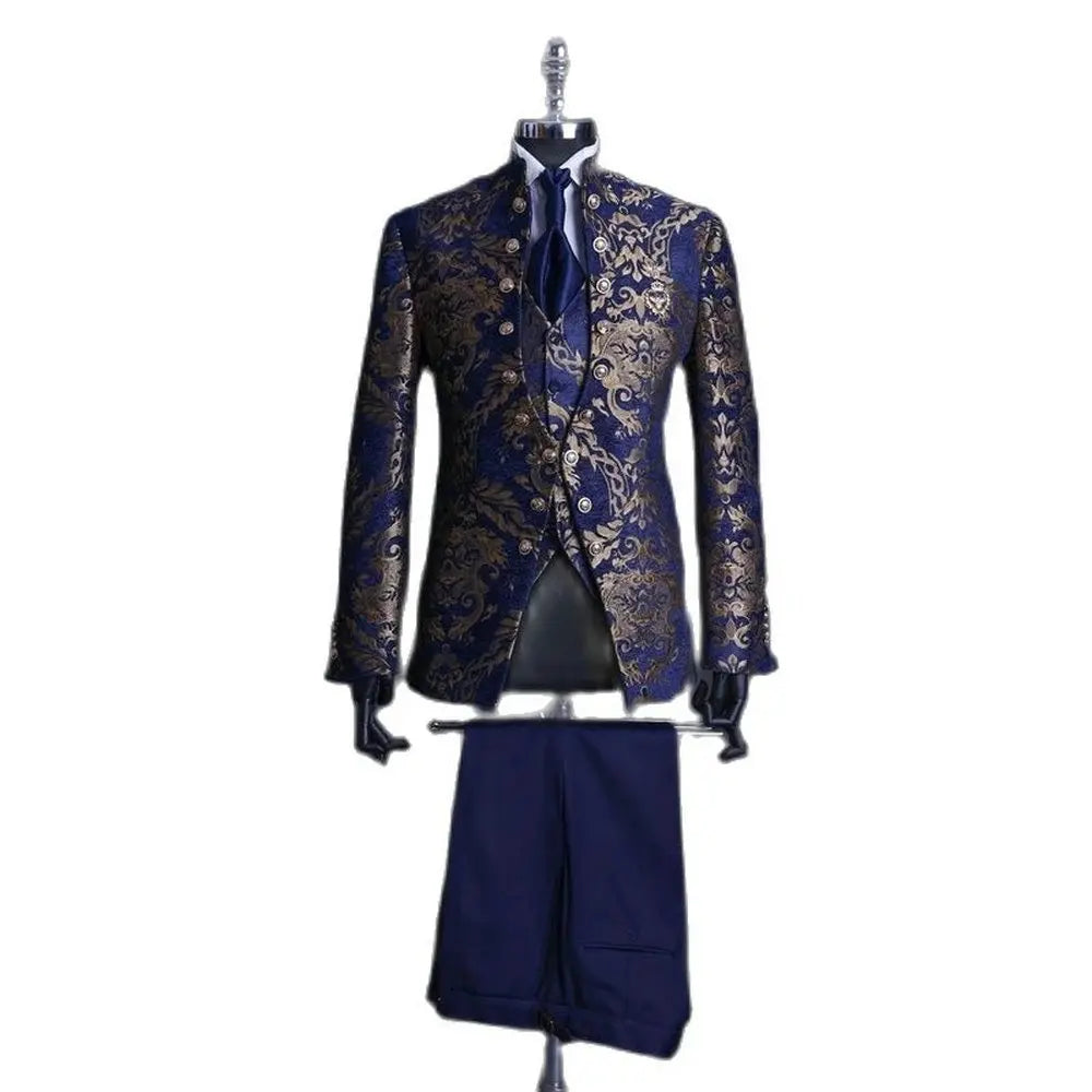 Visco Handsome Blue Gold Floral Rim Stage Men Suit Set Stand Collar Men's Suits (Jacket+pants+vest)