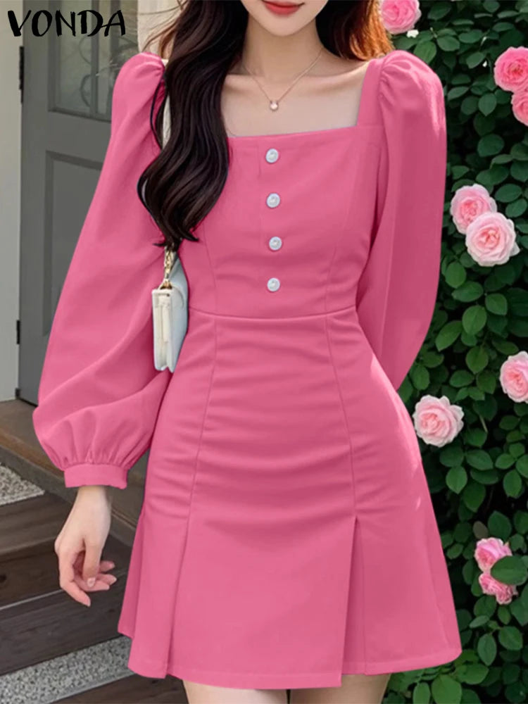 Maxy Casual Solid Color Square Collar Sundress French Style Women Mini Dress Lantern Sleeve Wrap Hip A-Line Robe