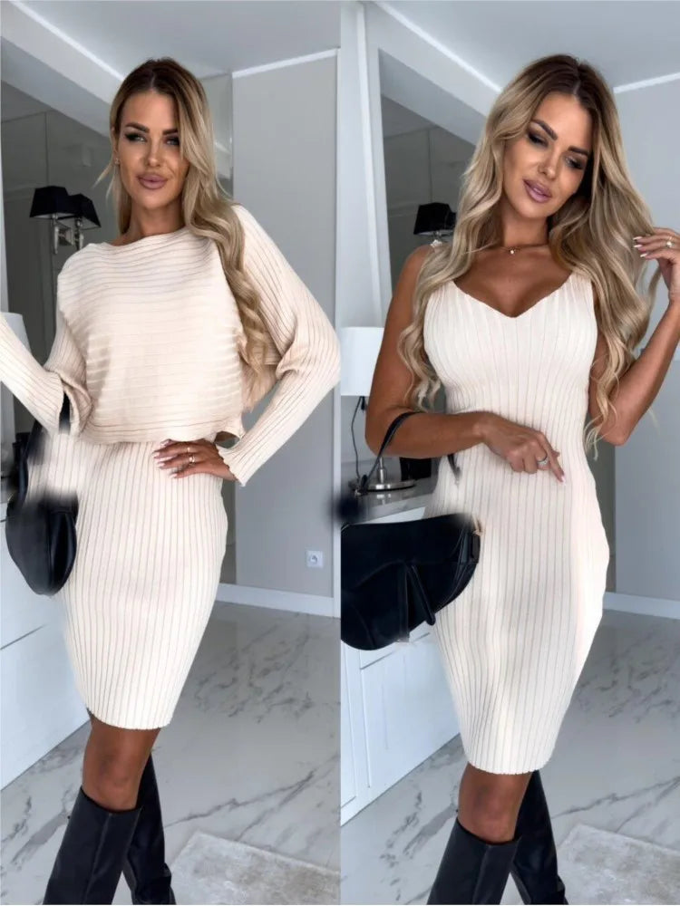 Maxy Fashion Long Sleeve Knitted Sweater And Dress Two Piece Sets For Women Autumn Winter Outfits Warm Sexy Bodycon Drsses Sets