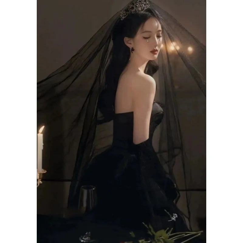 Maxy Gothic Black Tulle Prom Dresses Princess Sweetheart Satin Women Formal Evening Gowns Exposed Boning Night Party Dress Customized