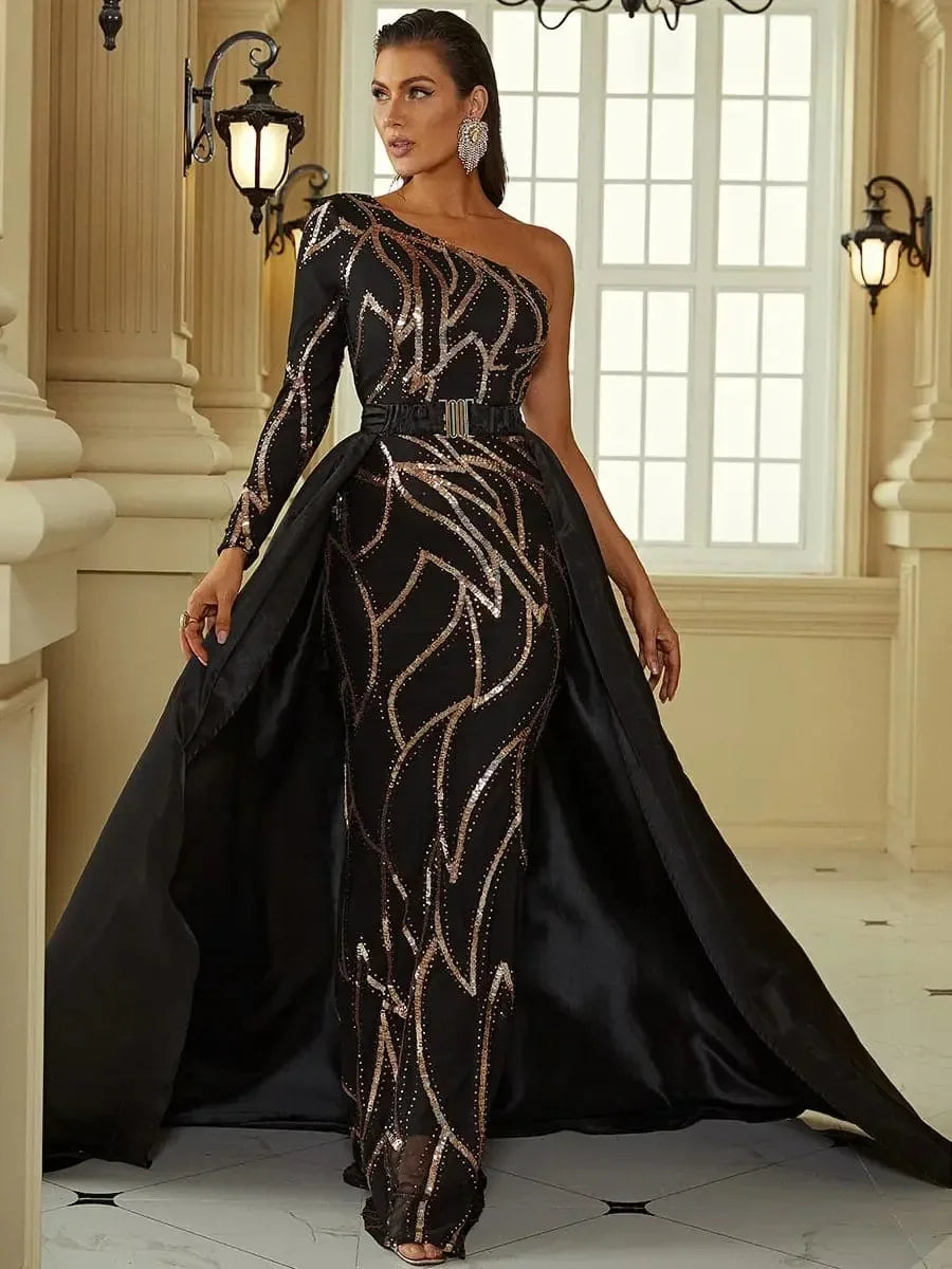 Maxy Delicate One Shoulder Sequins Evening Party Dress for Women Elegant Long Sleeve Open Back Host Prom Swing Dress Floor Length
