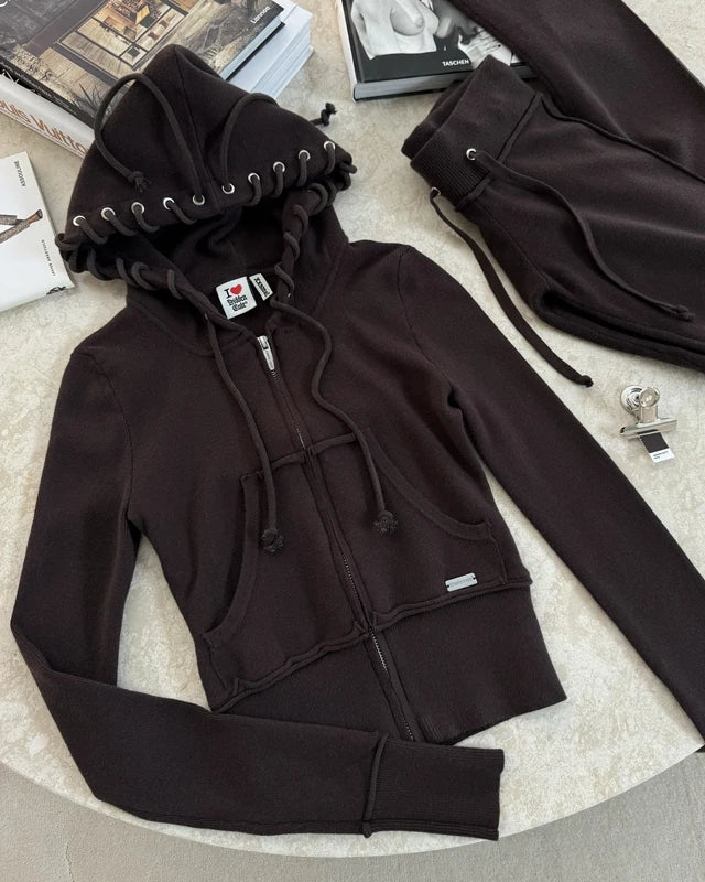 Maxy 2 Two Piece Lounge Set Women Clothing Elegant Tracksuit Drawstring Hoodie Zip Crop Jacket and Flared Pants Outfit Matching Sets