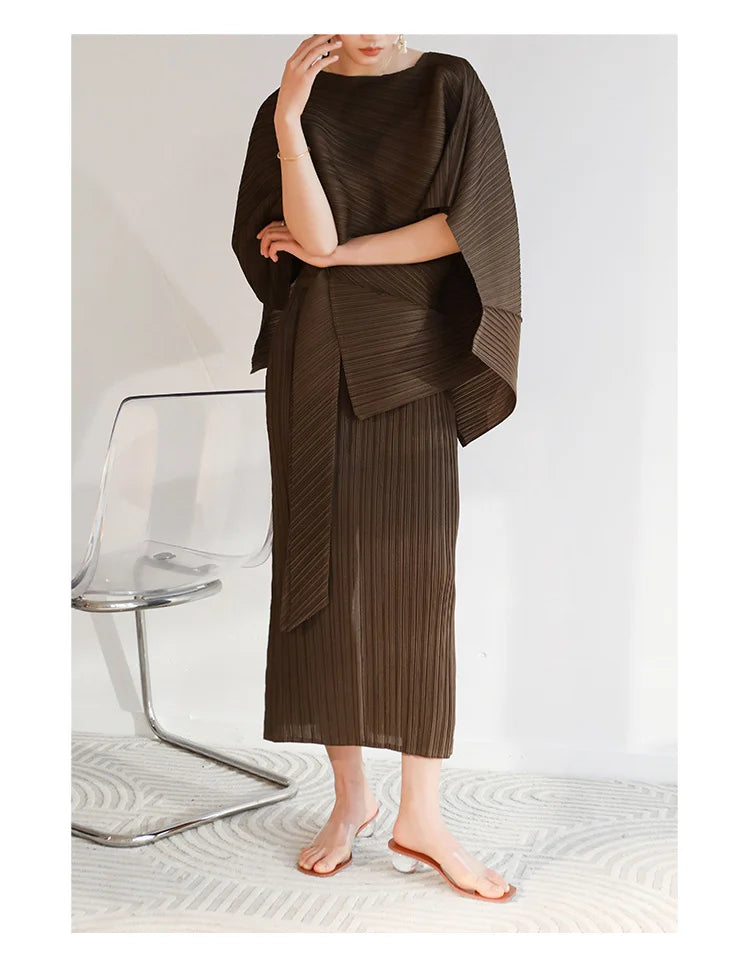 Amay Pleated cape suit summer new fashion suspender skirt+irregular lace-up shawl two-piece set [x244]