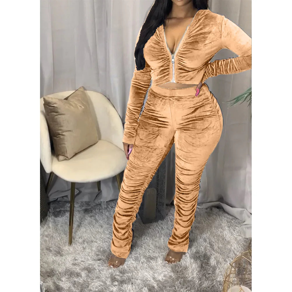 Maxy Autumn Winter Velvet Tracksuit Two Piece Set for Women Matching Sets Ruched Hoodies Jacket Stacked Pants Joggers Sweat Suits
