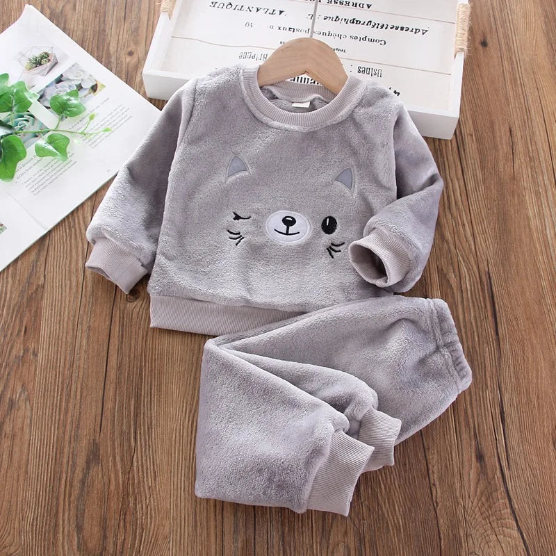 Babs Boy Clothing Set Autumn and Winter Velvet Thick Warm Casual Hooded Sweater Cartoon Cute Bear 3Pcs Toddler Girl Clothes Suit