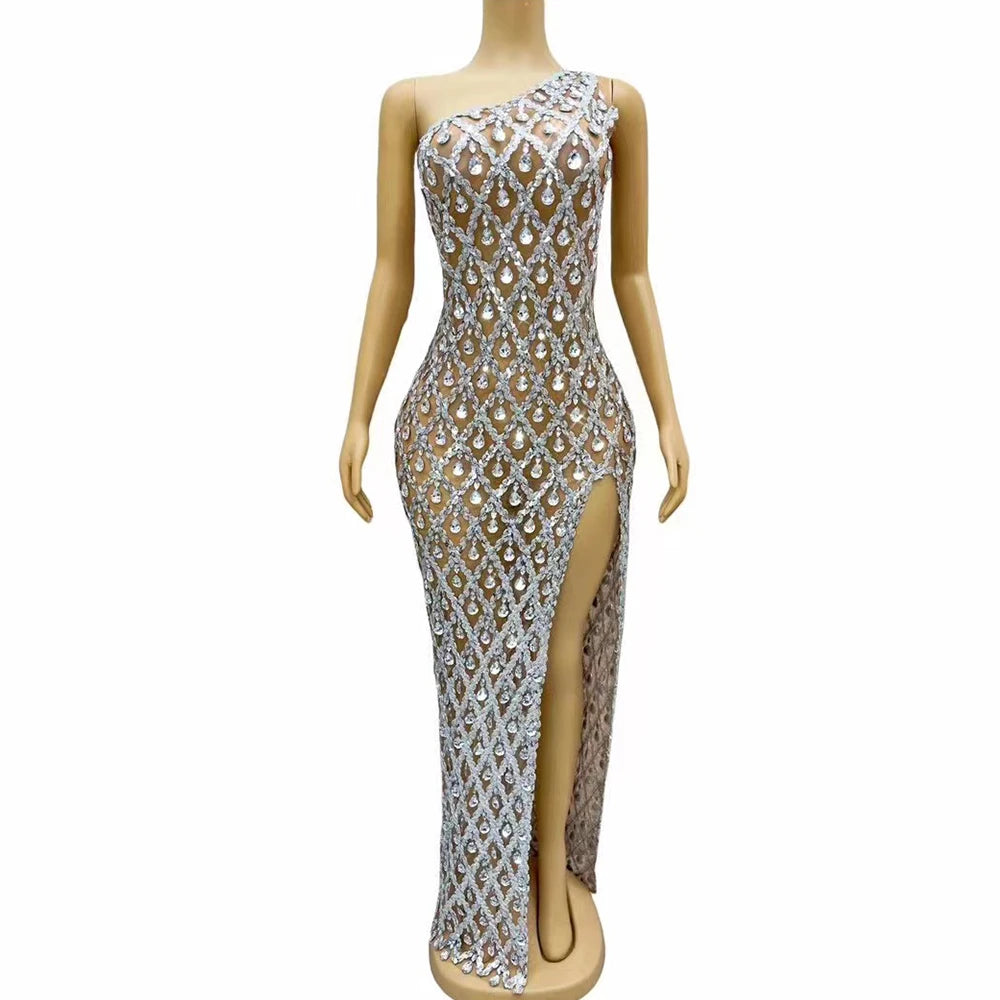 Amay Women Evening Wedding Sparkly Silver Sequins Rhinestones High Split Dress Elegant Celebrate Prom Gown Birthday Photograph Dress