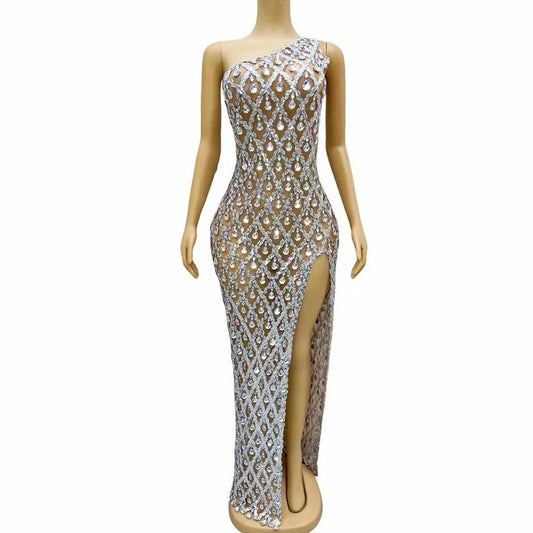 Amay Women Evening Wedding Sparkly Silver Sequins Rhinestones High Split Dress Elegant Celebrate Prom Gown Birthday Photograph Dress
