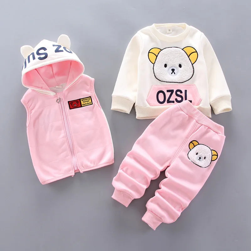 Babs Boy Clothing Set Autumn and Winter Velvet Thick Warm Casual Hooded Sweater Cartoon Cute Bear 3Pcs Toddler Girl Clothes Suit