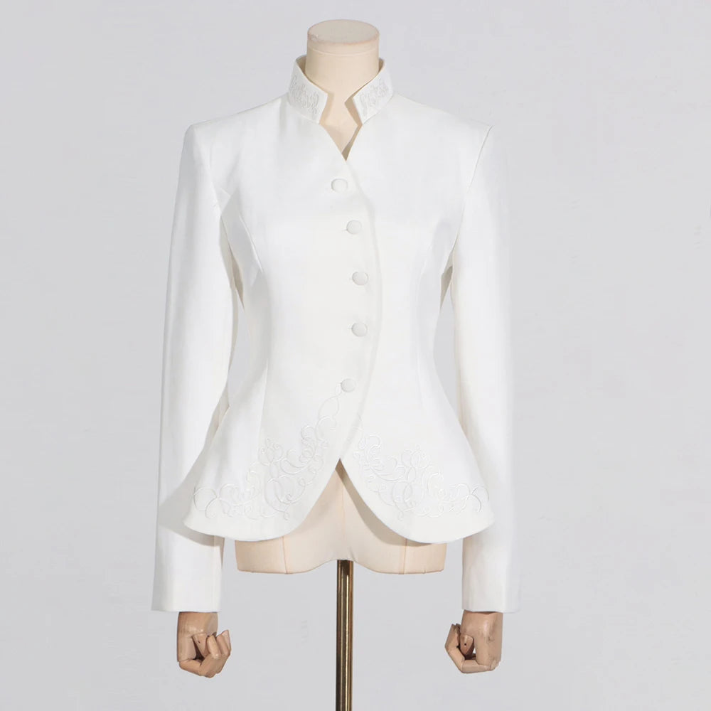 Amay Embroidery Solid Two Piece Set For Women Stand Collar Long Sleeve Spliced Button Tops High Waist Folds Skirt Chic Set Female