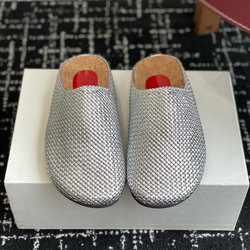 Maxy Genuine Leather Weaving Design Half Slippers Women Closed Toe Fashion Flat Bottom Slippers Spring Autumn Outdoor Versatile Mules