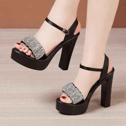 Maxy 8 10 13cm Small Size 32-43 Elegant Black Rhinestone Block High Heels Sandals Summer Platform Shoes Women for Office Model