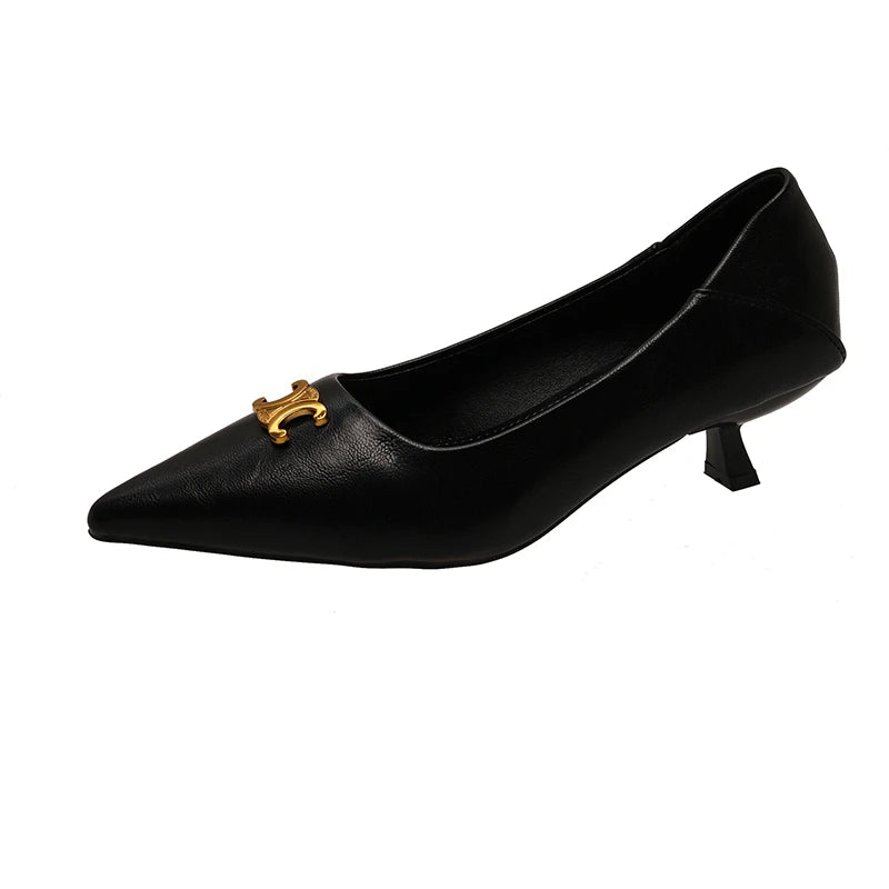 Maxy Female Luxury Low Heel Footwear Shallow Pumps Shoes for Women Summer Designer Brand Pointed Toe Metal Heeled Sandals Slides