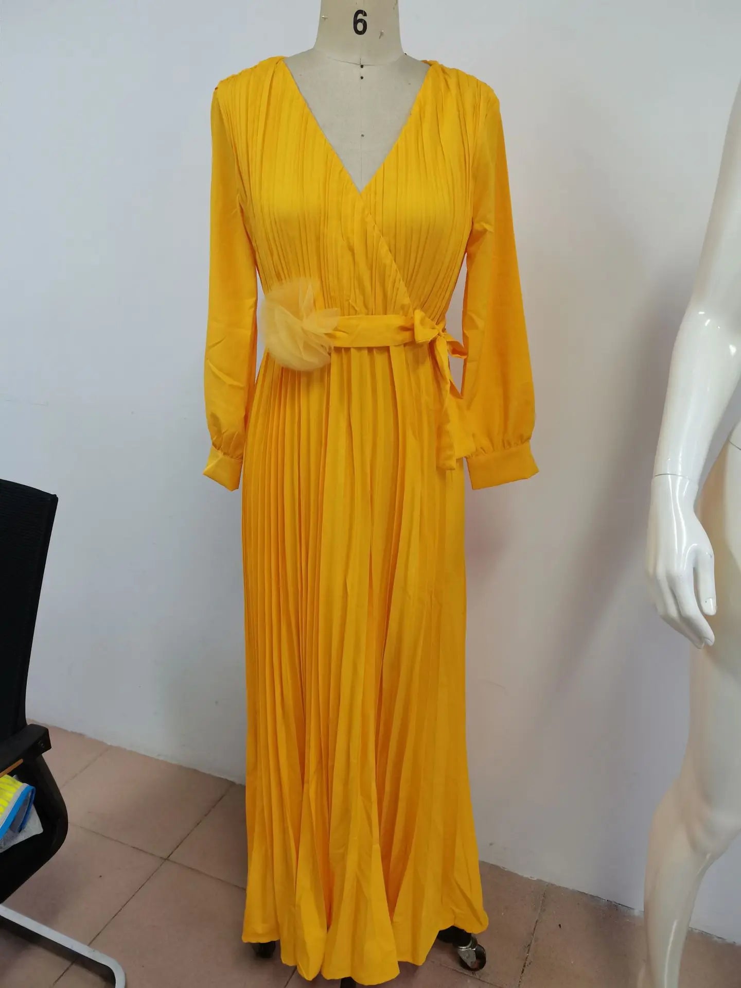 Amay Women Plus Size Lantern Long Sleeve Long Dress Fashion Elegant Solid Color V Neck Belt High Waist Ruched Evening Birthday Party